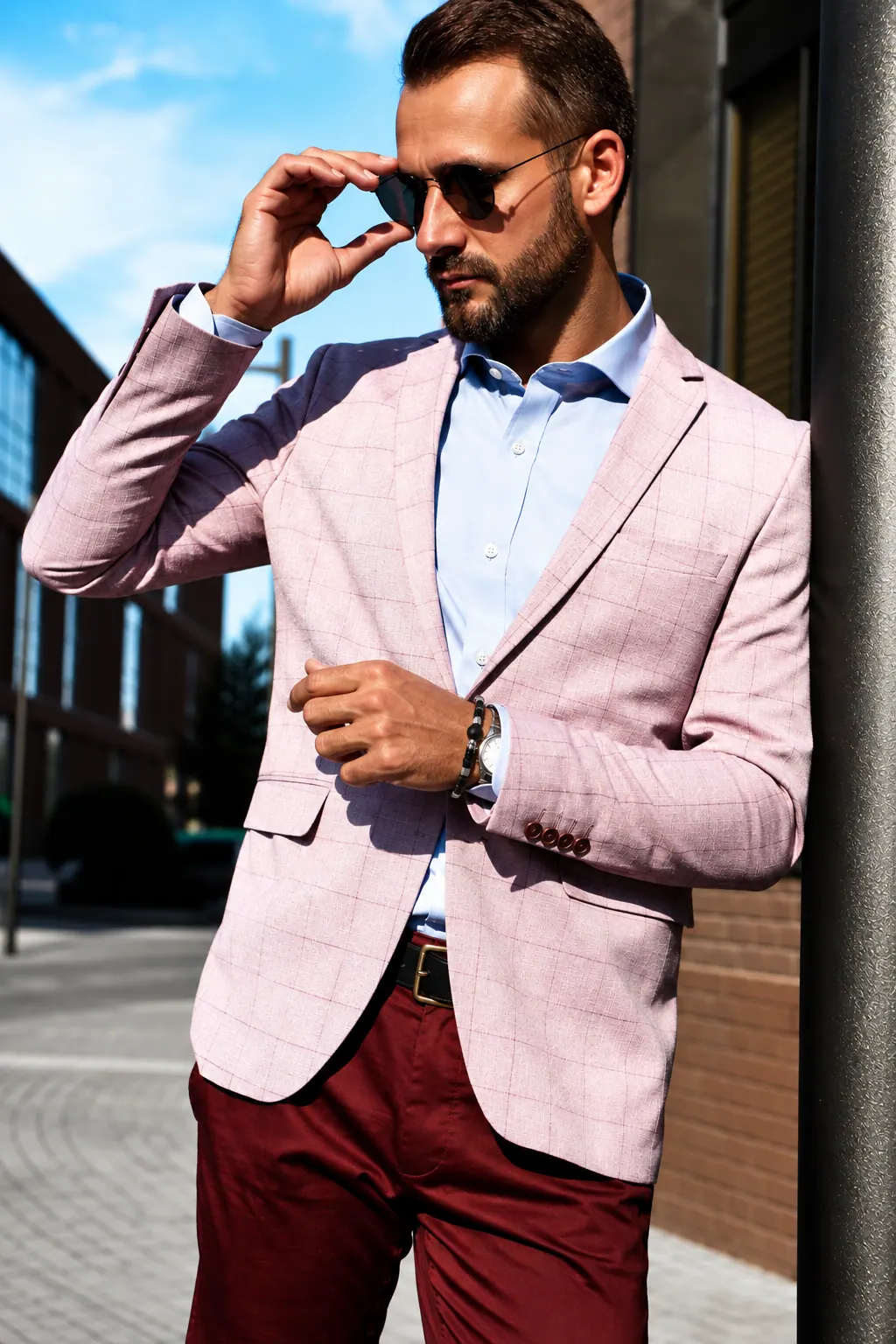 Homem de blazer rosa usando a pulseira Eclipse no pulso